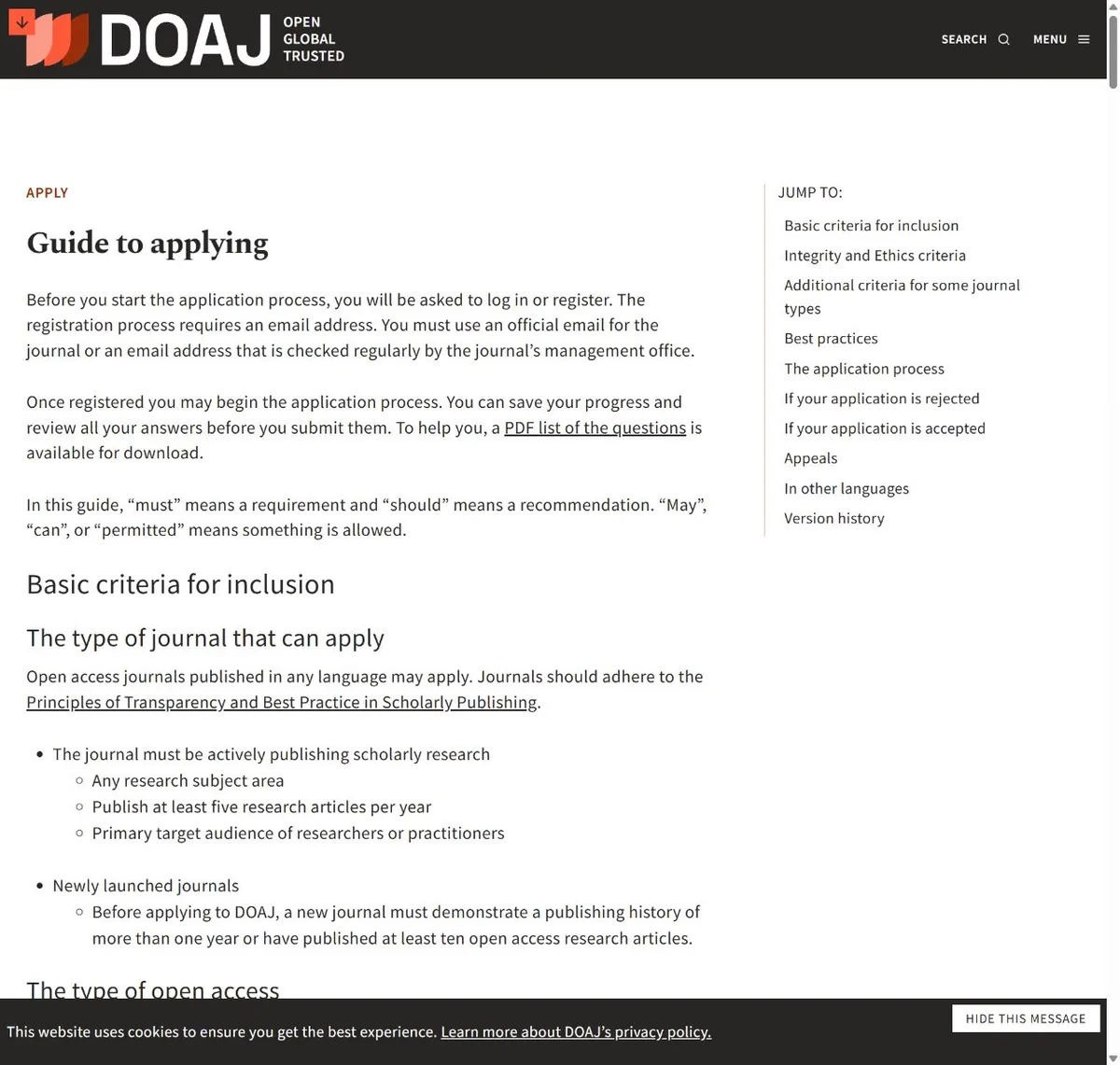 DOAJ 官方页面中的使用信息