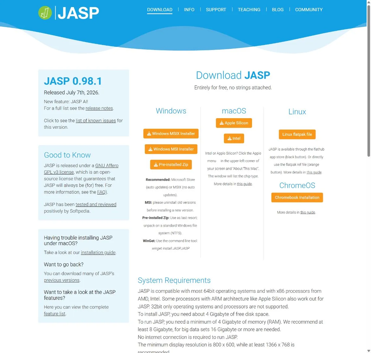 JASP 官方页面中的使用信息