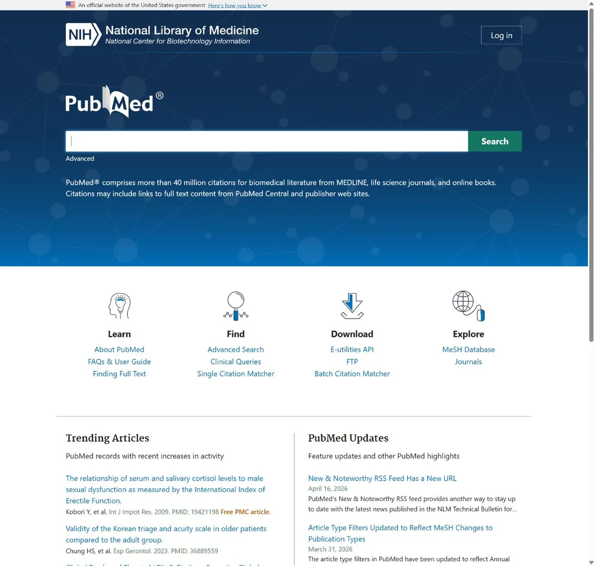 PubMed 官方网站首页与核心功能