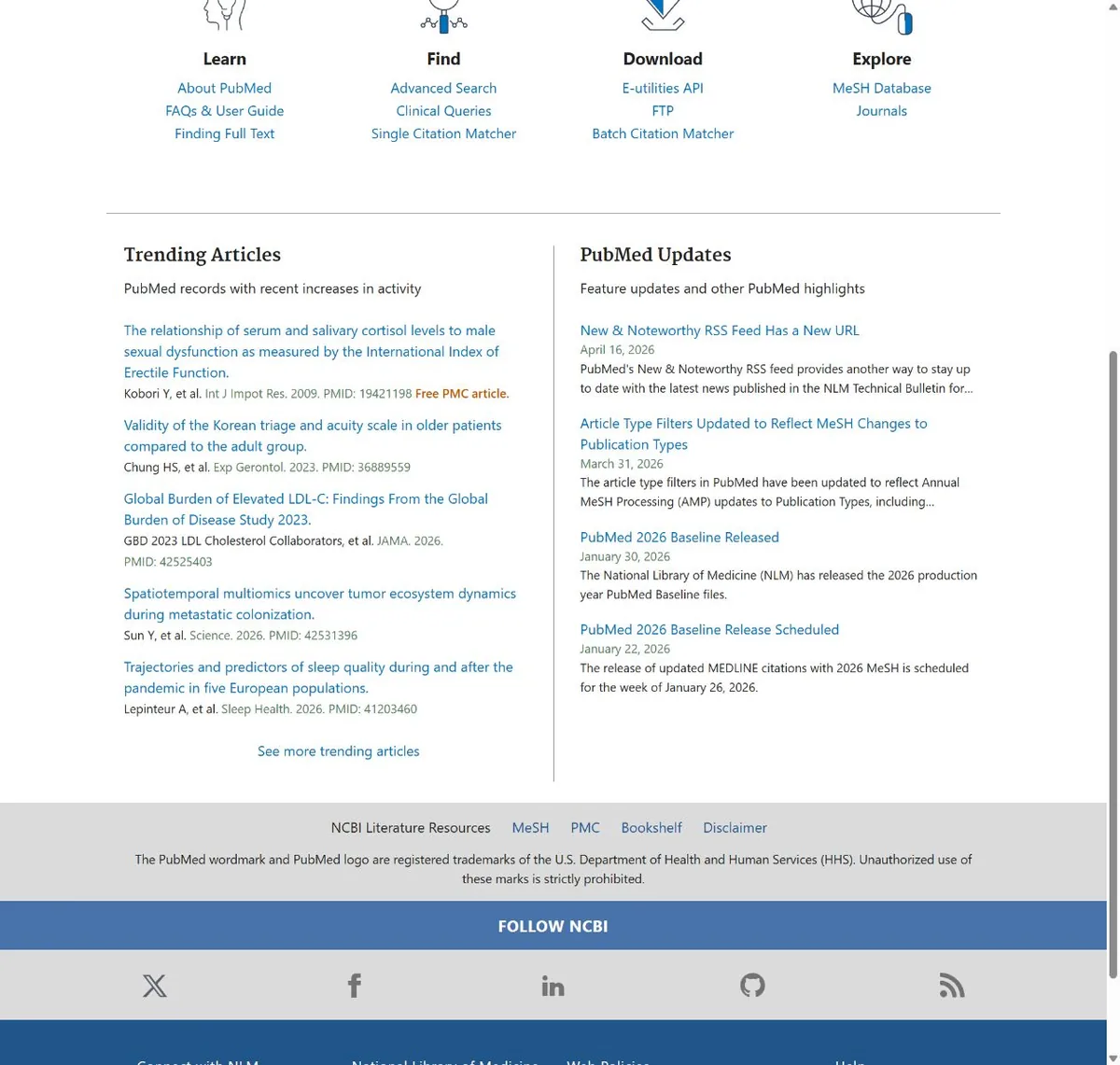 PubMed 官方页面中的使用信息