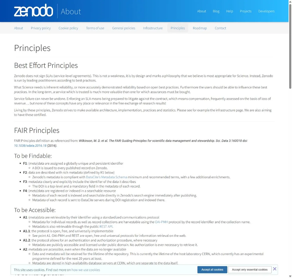 Zenodo 官方页面中的使用信息