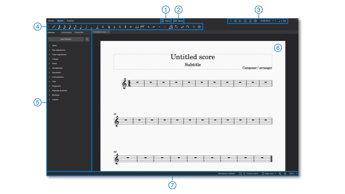 MuseScore Studio 官方手册展示的乐谱编辑主界面