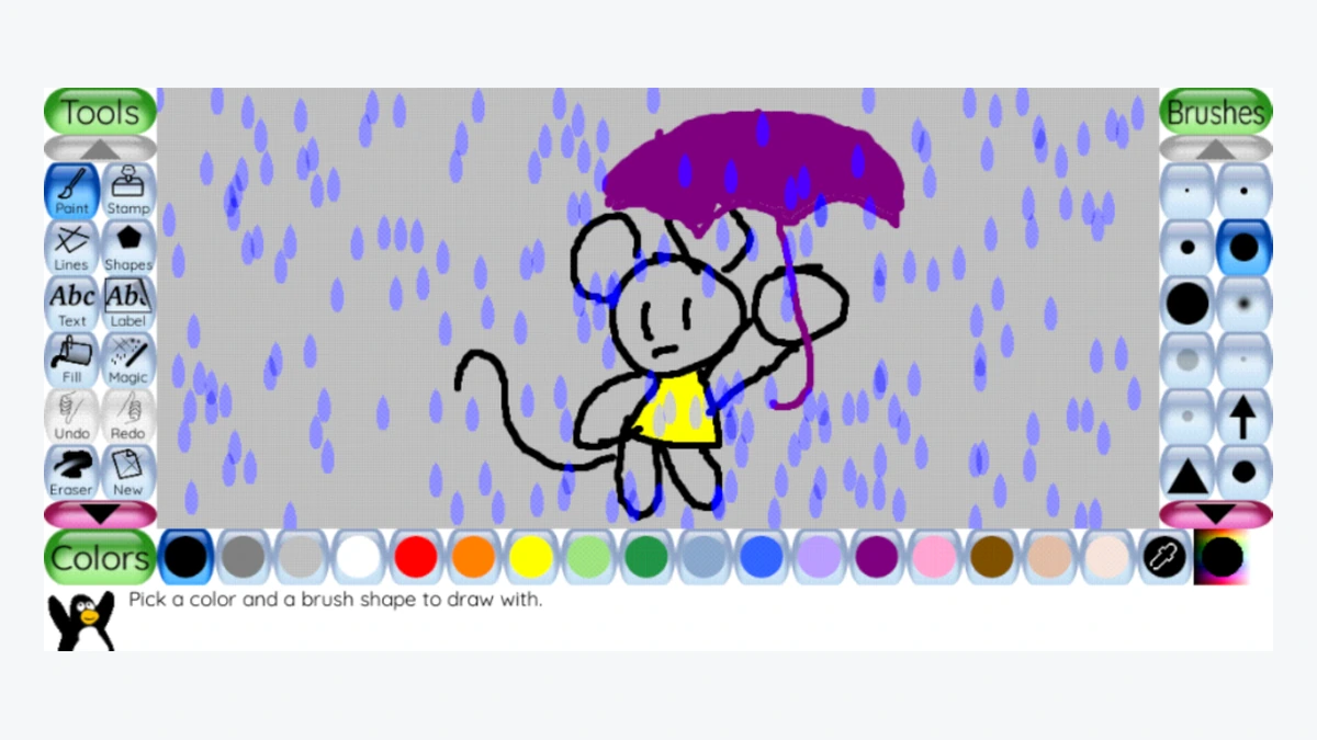 Tux Paint 官方安卓应用展示的画笔和颜色选择界面