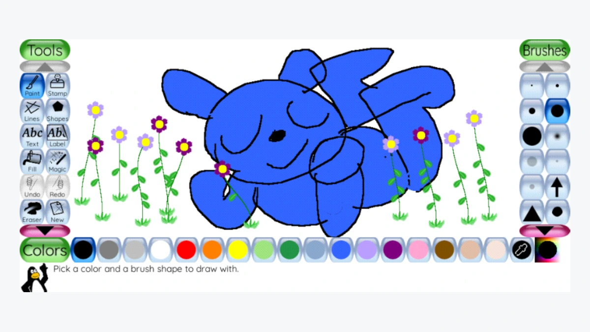 Tux Paint 官方安卓应用展示的儿童绘画作品和工具布局