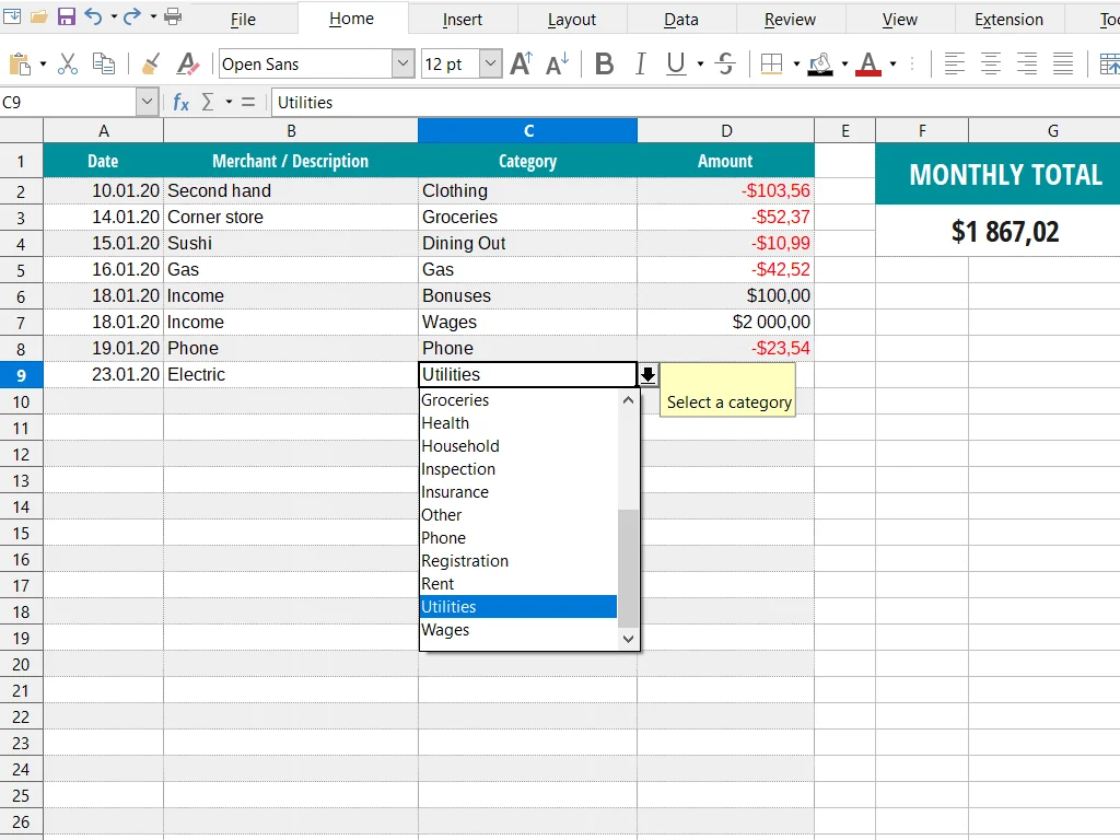 LibreOffice Calc 电子表格界面