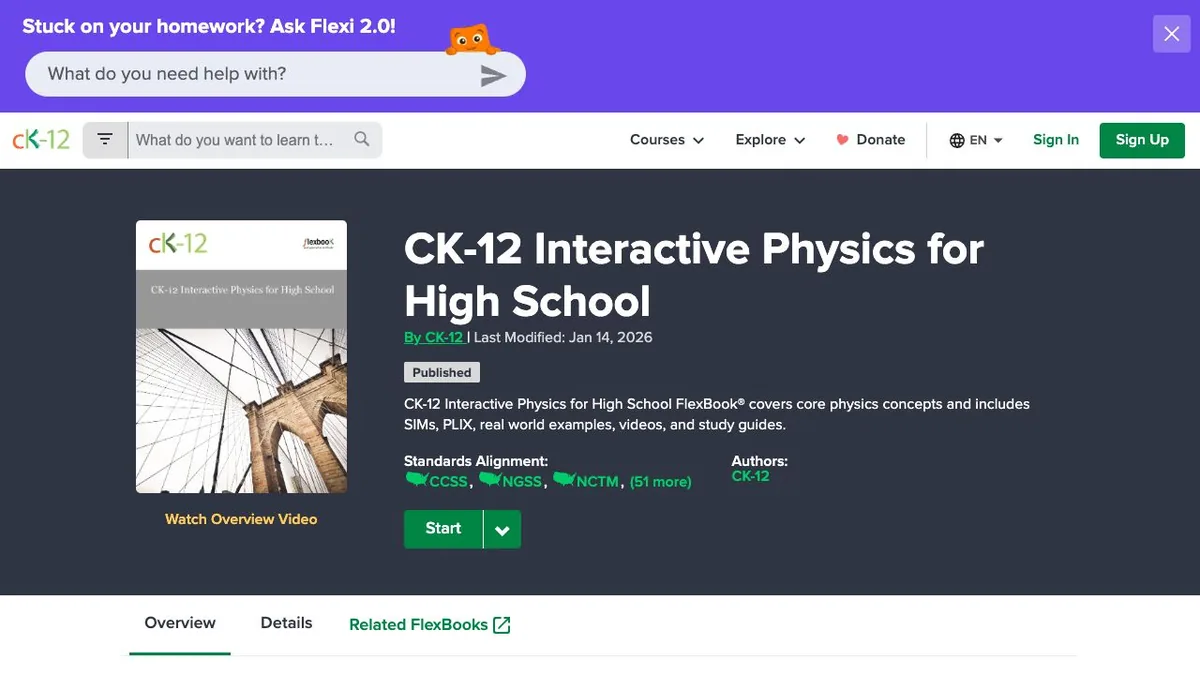 CK-12 高中互动物理教材的介绍与开始按钮