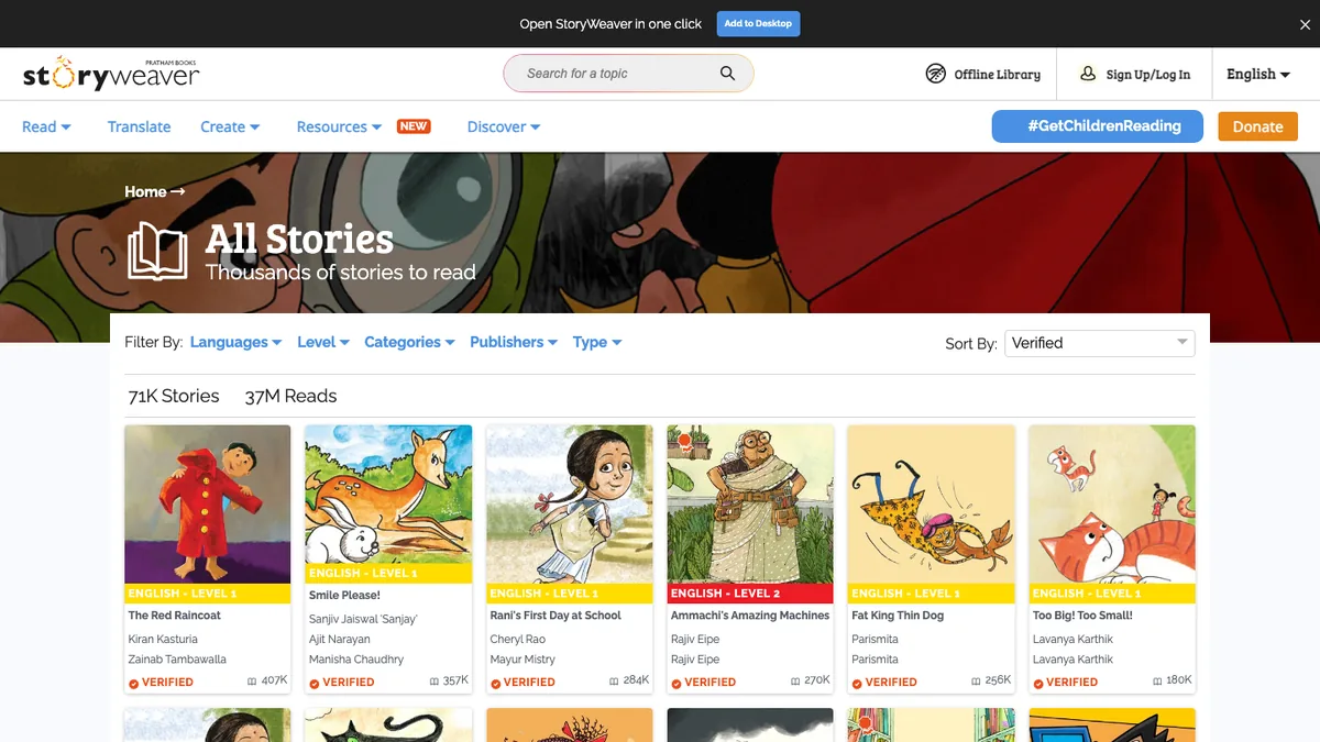 StoryWeaver 官方故事目录与语言级别筛选界面