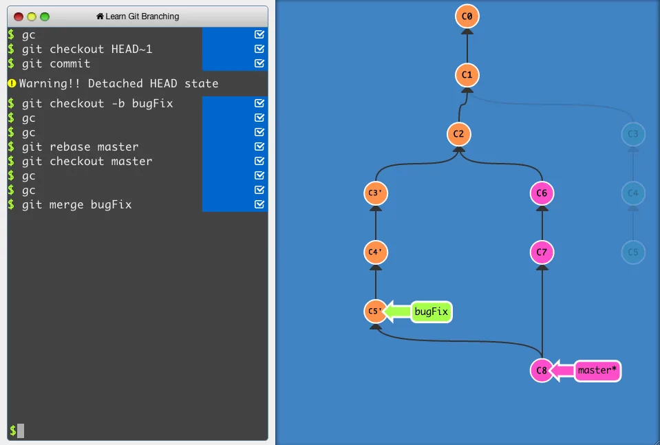 Learn Git Branching 用终端命令和提交树展示分支合并